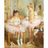 Konstantin Razumov (b.1974) Russian, 'Two Young Ballerinas', signed oil on canvas 25.5" x 21.25",