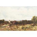 19th century English school, 'A Sussex Common' a scene of a figure and a cow in a landscape with