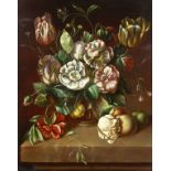 20th century, A still life of mixed flowers in a glass vase with a butterfly and insects, oil on