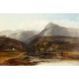 Thomas Creswick (1811-1869) British. A mountainous river landscape, with a man and a dog in the