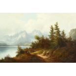 19th century continental school, A scene of a path by a lake with an Alpine view beyond, oil on