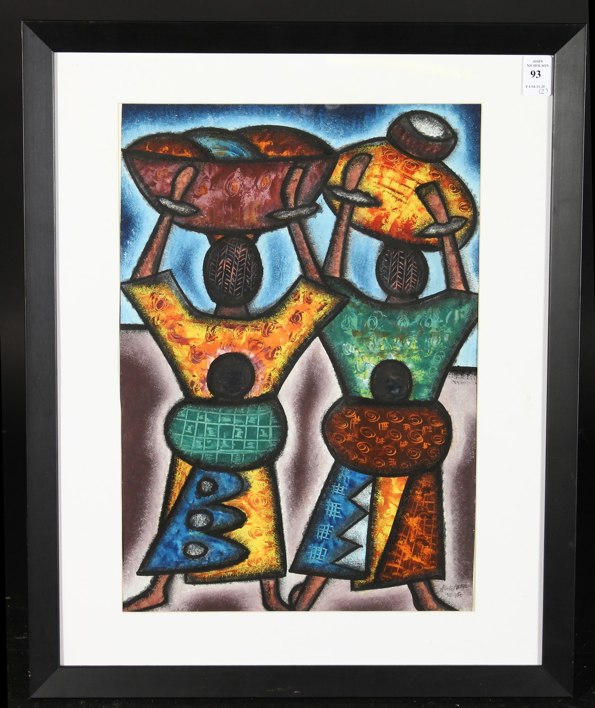 South African school, a pair of paintings of women carrying baskets on their heads, mixed media, - Image 2 of 4