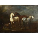 Follower of Jan Wyck (18th century) three horses and a dog in a landscape, 19.5" x 26".