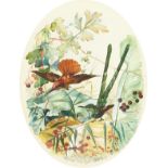 Early 20th century, a scene of birds amongst foliage and berries, 13"x 10", oval and another