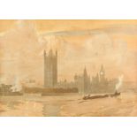 Manner of Emile Verpilleux, Coal Barges on the Thames, with the Houses of Parliament in the