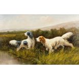 R. Horton (20th century) dogs in a landscape with hills beyond, oil on canvas, signed, 24" x 36".