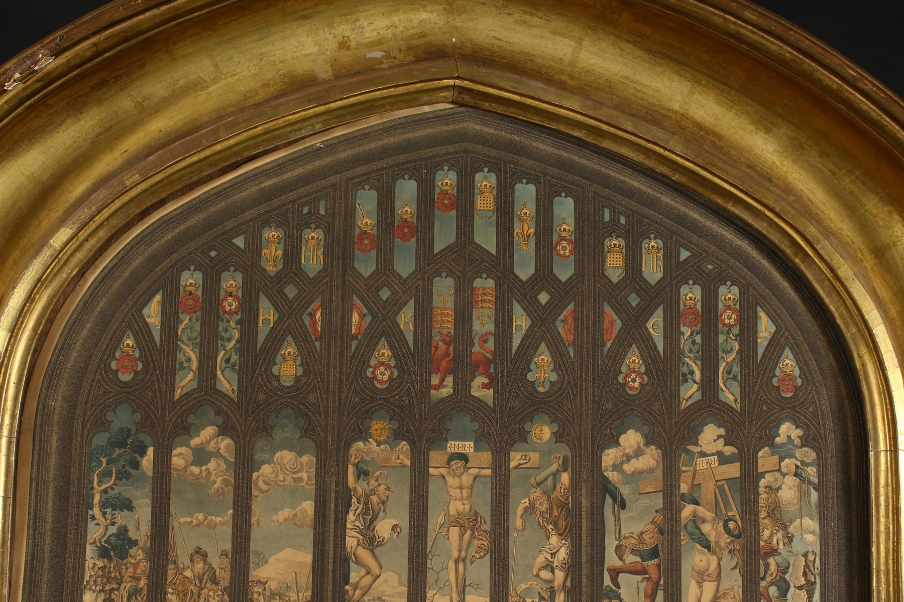 A 19th century coloured print of the east window of Kings College chapel, in an arch top frame, 39" - Image 2 of 6