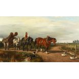 Samuel Joseph Clarke (1834-1912) British, A farmer and three horses pulling a cart of tree trunks on