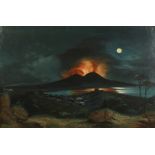 19th century, Vesuvius erupting over the Bay of Naples in the moonlight, oil on canvas, 20" x 30".