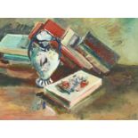 Mid-20th century school, a still life painting of a vase and books, oil on card, indistinctly signed