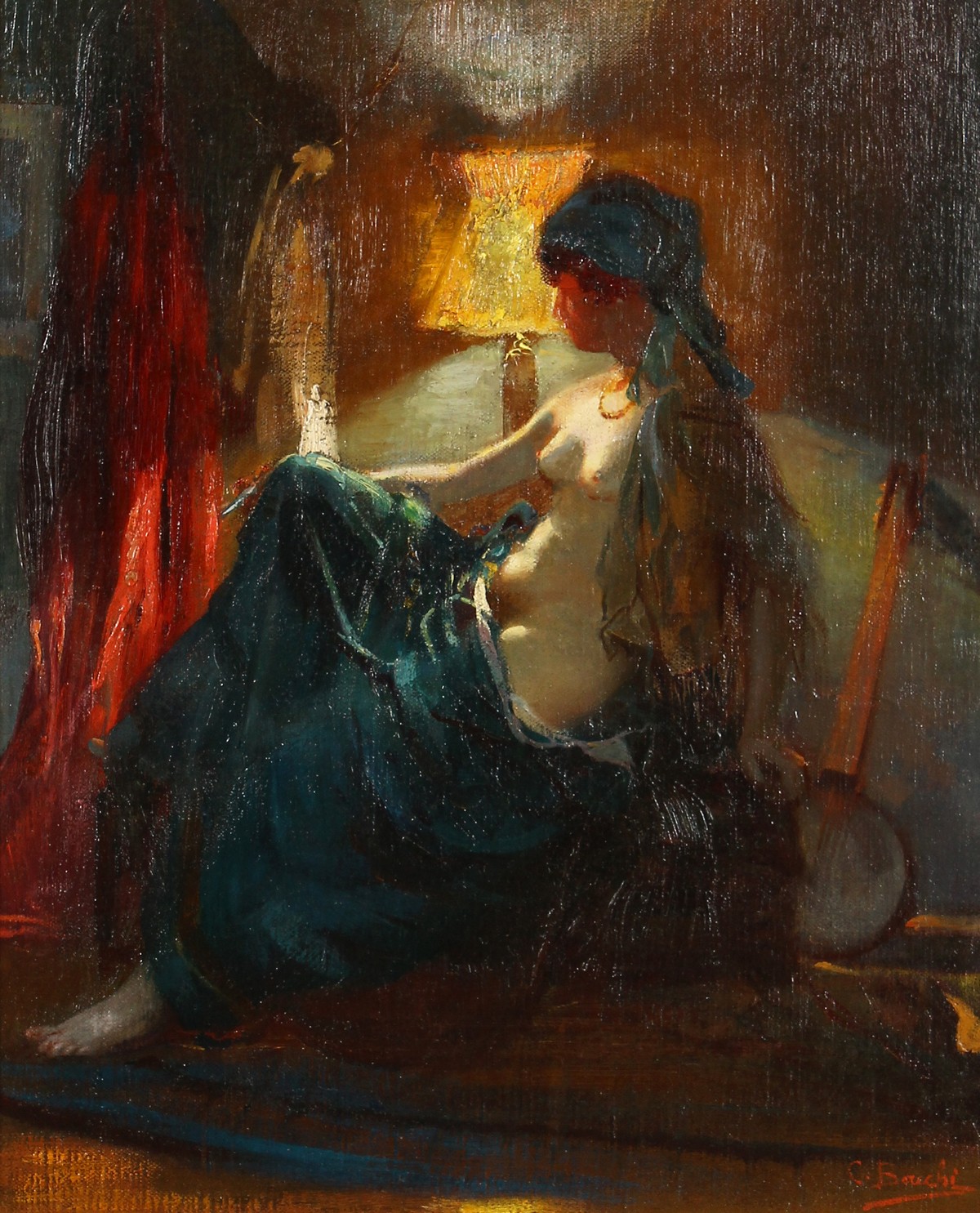 C. Bouchi (20th century) a study of a scantily clad gypsy woman, oil on canvas, signed, 21.5" x