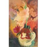 20th century, a still life of mixed flowers in a jug, oil on board, initials AM, 30" x 19".