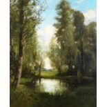 Eugene Bourgeuis (1855-1901) French, a river landscape with a view through trees, oil on mahogany