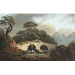 Late 18th Century English School. Figures on a Stone Bridge, Gouache, Unframed, 9.5" x 15". And a