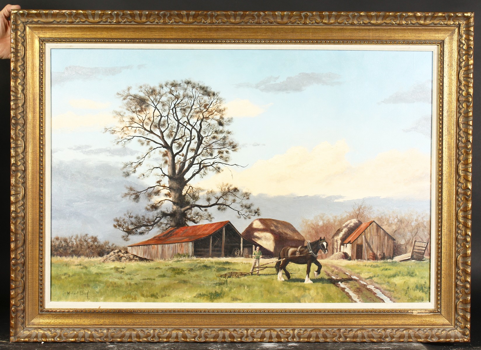 Michael Wood (20th century), a farmer with a horse and plough amongst farm buildings, oil on canvas, - Image 2 of 4