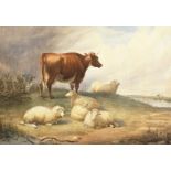 Circle of Thomas Sydney Cooper (1803-1902) British. Cattle and Sheep in a Riverside Meadow,