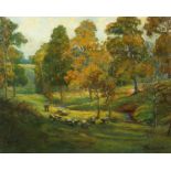 William Thorton Brocklebank (20th century), a Shepherd and his flock in a woodland glade by a