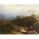 19th century English school. A rocky river Highland landscape, oil on board, signed with initials,