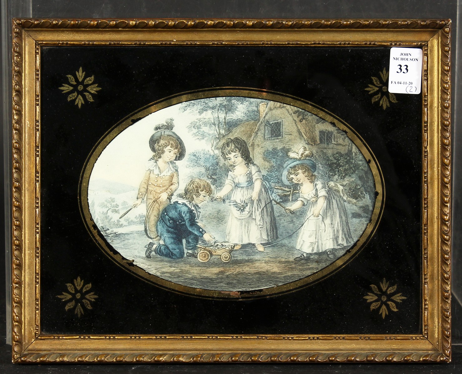 A pair of 19th Century prints of children playing, in verre eglomise frames, 8" x 10". - Image 2 of 6