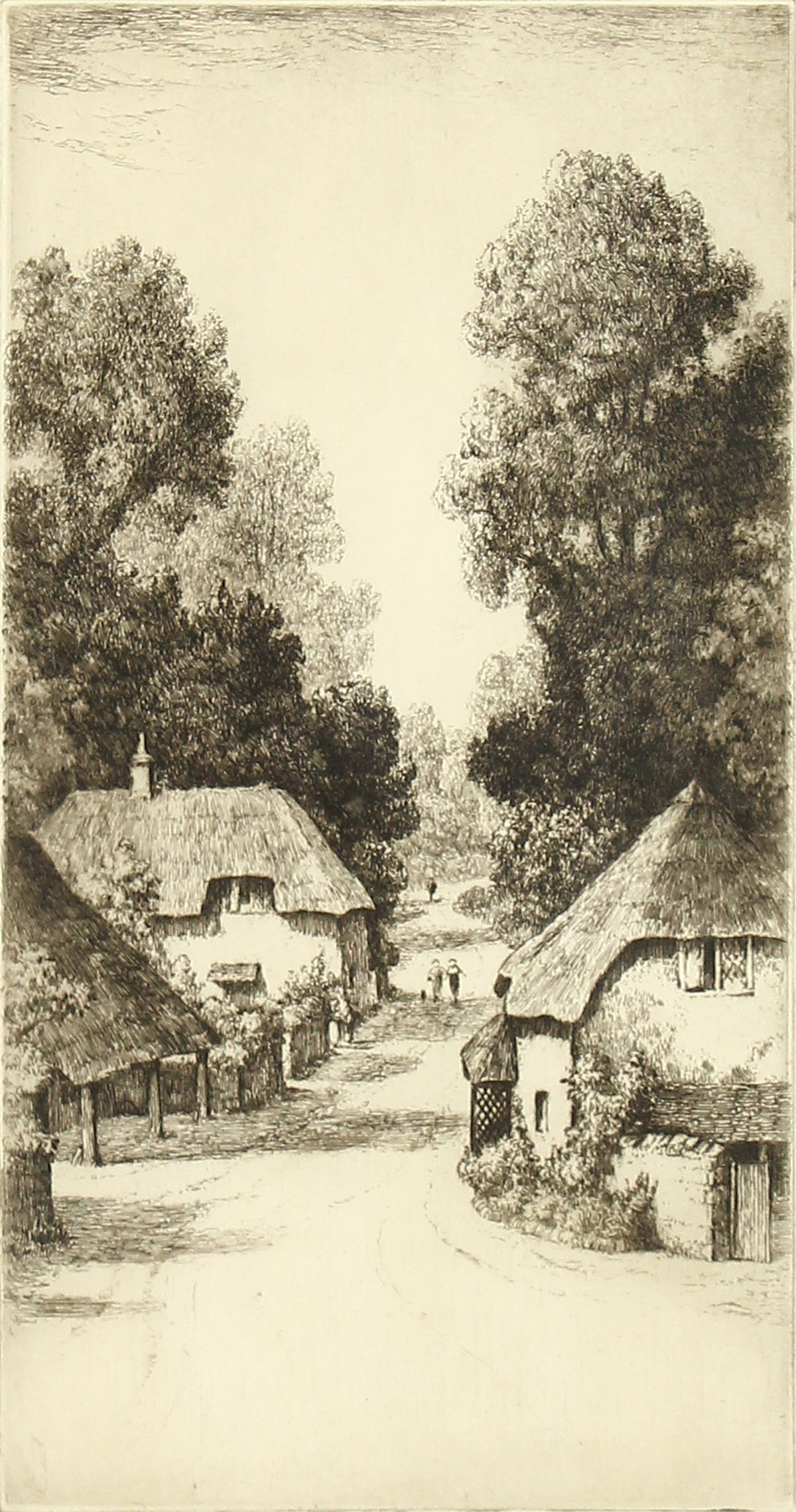 John Fullwood (1854-1931) British, figures on a village road, Etching, 10" x 5".