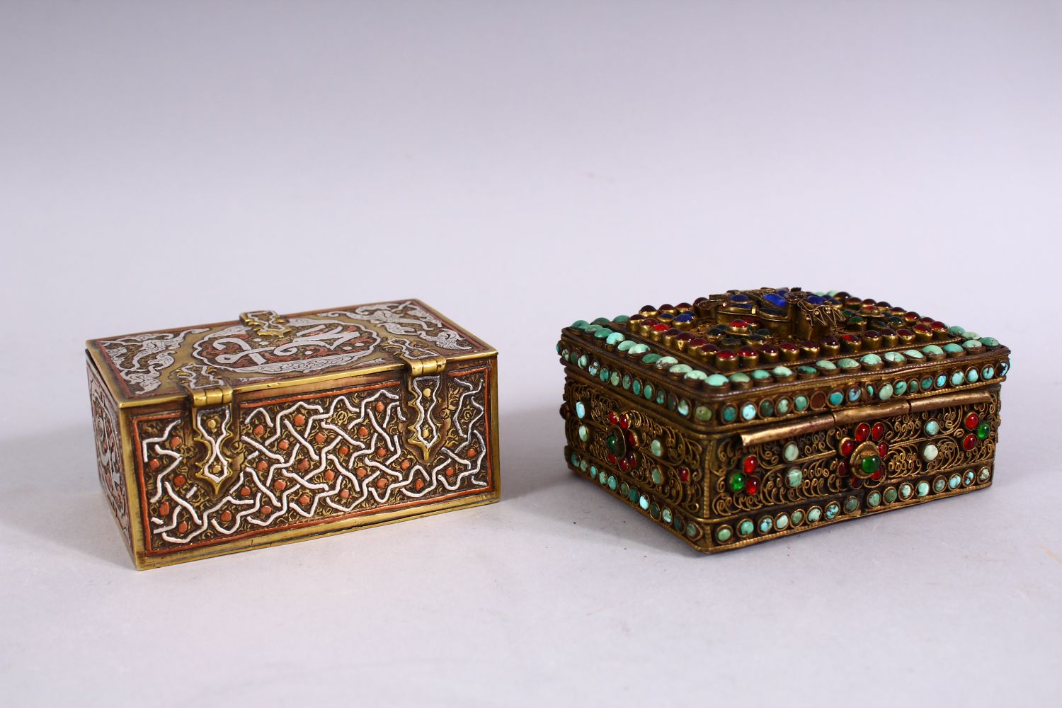 TWO GOOD ISLAMIC / INDIAN LIDDED MIXED METAL CALLIGRAPHIC BOXES, One with silver inlays of - Image 3 of 7