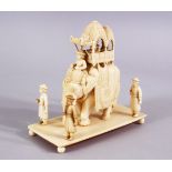A FINELY 19TH CENTURY INDIAN CARVED IVORY ELEPHANT IN PROCESSION, 13cm high x 6.5cm.