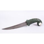 A MUGHAL INDIAN JADE HILTED WATERED STEEL DAGGER, The handle carved in floral style with inset gem