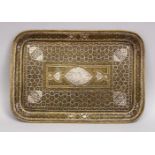 A FINE 19TH CENTURY DAMASCUS CAIROWARE SILVER INLAID BRASS TRAY, with corner decoration of