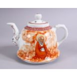 A GOOD CHINESE REPUBLIC STYLE PORCELAIN TEAPOT OF LUOHAN, the figure seated amongst flame, with