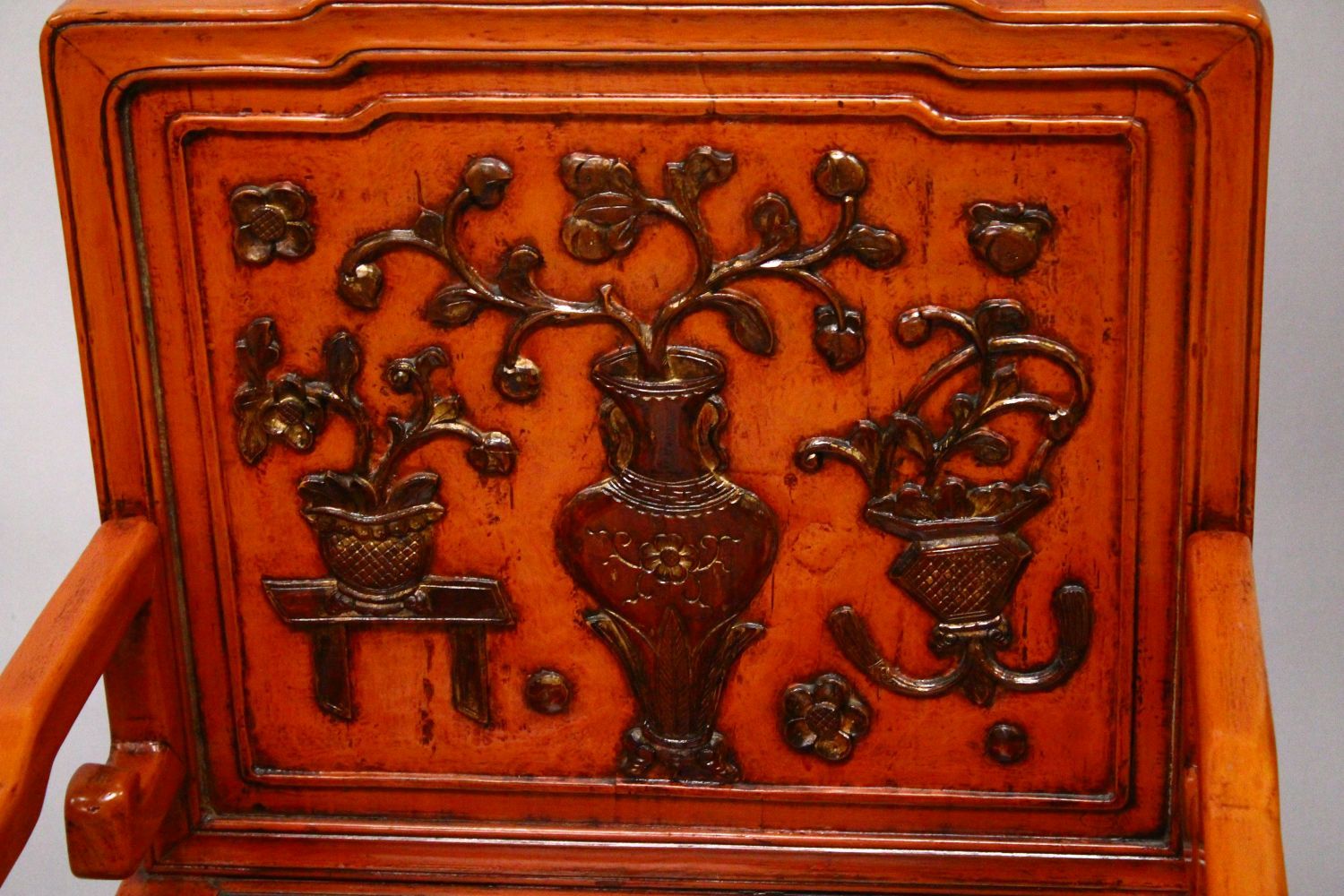 A GOOD PAIR OF CHINESE HARDWOOD & LACQUER CARVED ARM CHAIRS, the backs with floral display lacquer - Image 3 of 3