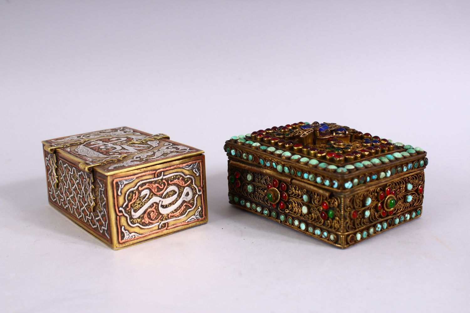 TWO GOOD ISLAMIC / INDIAN LIDDED MIXED METAL CALLIGRAPHIC BOXES, One with silver inlays of - Image 4 of 7