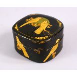 A 19TH / 20TH CENTURY PERSIAN LACQUER LIDDED BOX, decorated with birds and flora, 6cm.