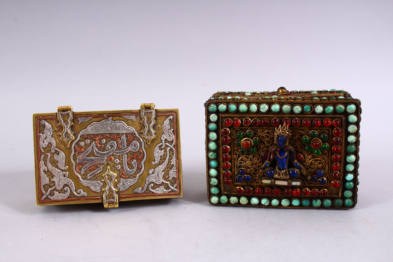 TWO GOOD ISLAMIC / INDIAN LIDDED MIXED METAL CALLIGRAPHIC BOXES, One with silver inlays of - Image 5 of 7