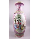 A LARGE CHINESE REPUBLIC STYLE FAMILLE ROSE PORCELAIN VASE, with a pink ground and panels