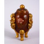 A CHINESE PEKING GILT MOUNTED PAINTED GLASS BOTTLE & COVER, the glass with painted decoration,