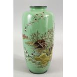 A FINE JAPANESE MEIJI PERIOD SILVER WIRE CLOISONNE VASE , The pale green ground with silver wire