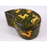 A 19TH / 20TH CENTURY PERSIAN TEAR FORMED LACQUER LIDDED BOX, with decoration of deer in landscapes,