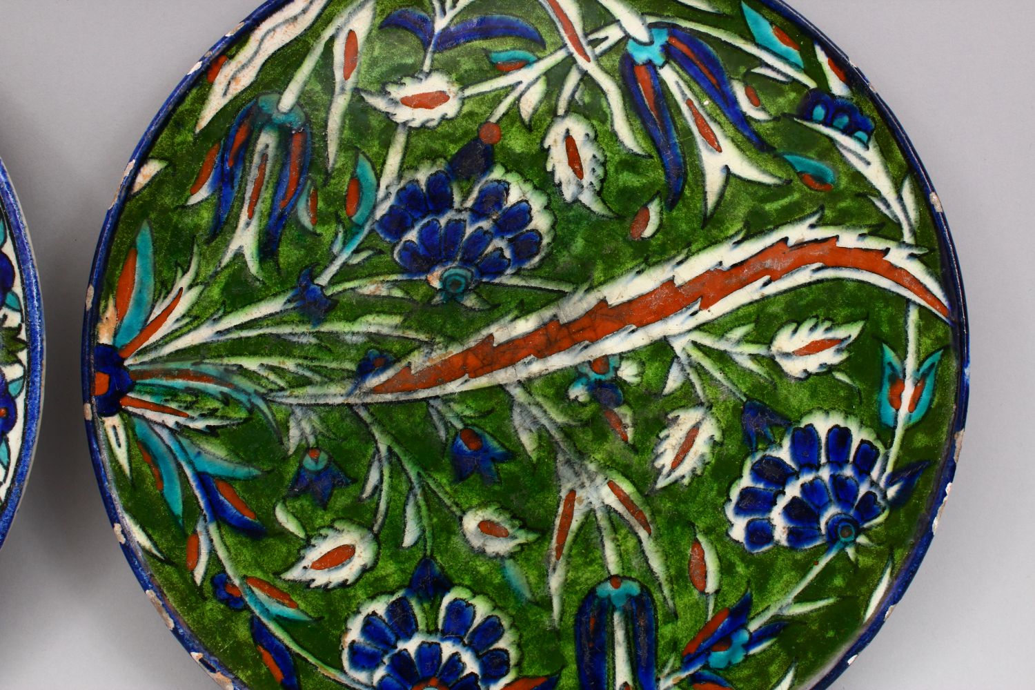 TWO LARGE JERUSALEM PALESTINIAN POTTERY DISHES, Both with formal floral decoration, one af, both - Image 3 of 4