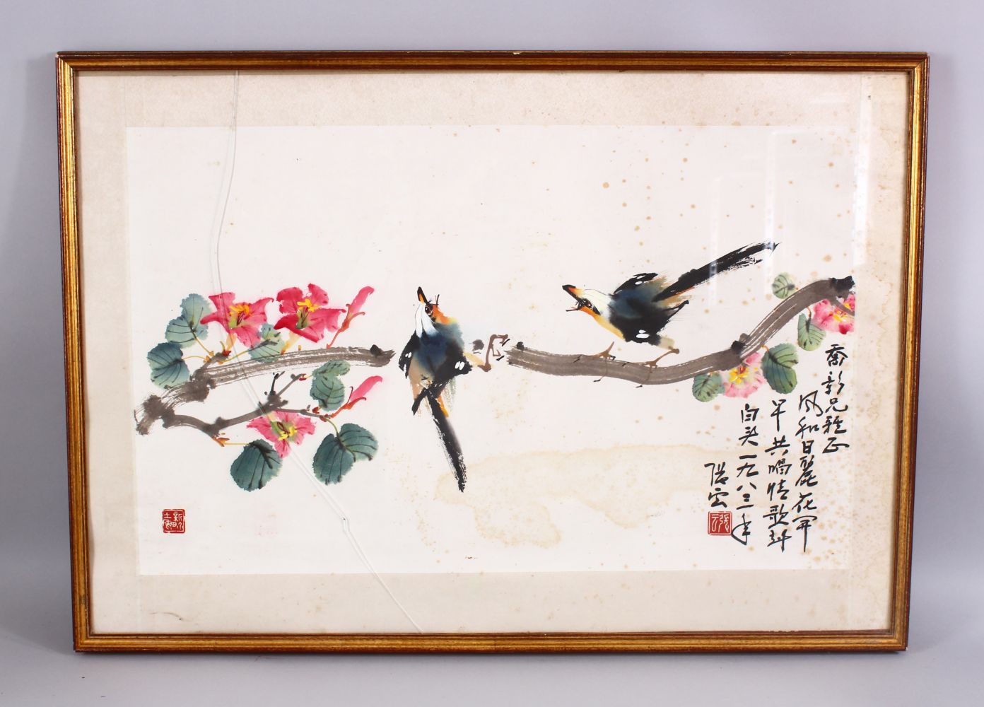 A 20TH CENTURY CHINESE PAINTING OF BIRDS AND FLORA, framed, with calligraphy and seals, framed