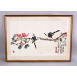 A 20TH CENTURY CHINESE PAINTING OF BIRDS AND FLORA, framed, with calligraphy and seals, framed