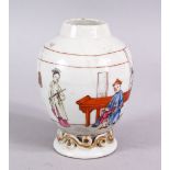 AN 18TH CENTURY CHINESE FAMILLE ROSE PORCELAIN TEA CADDY, decorated with gilt wave border, and