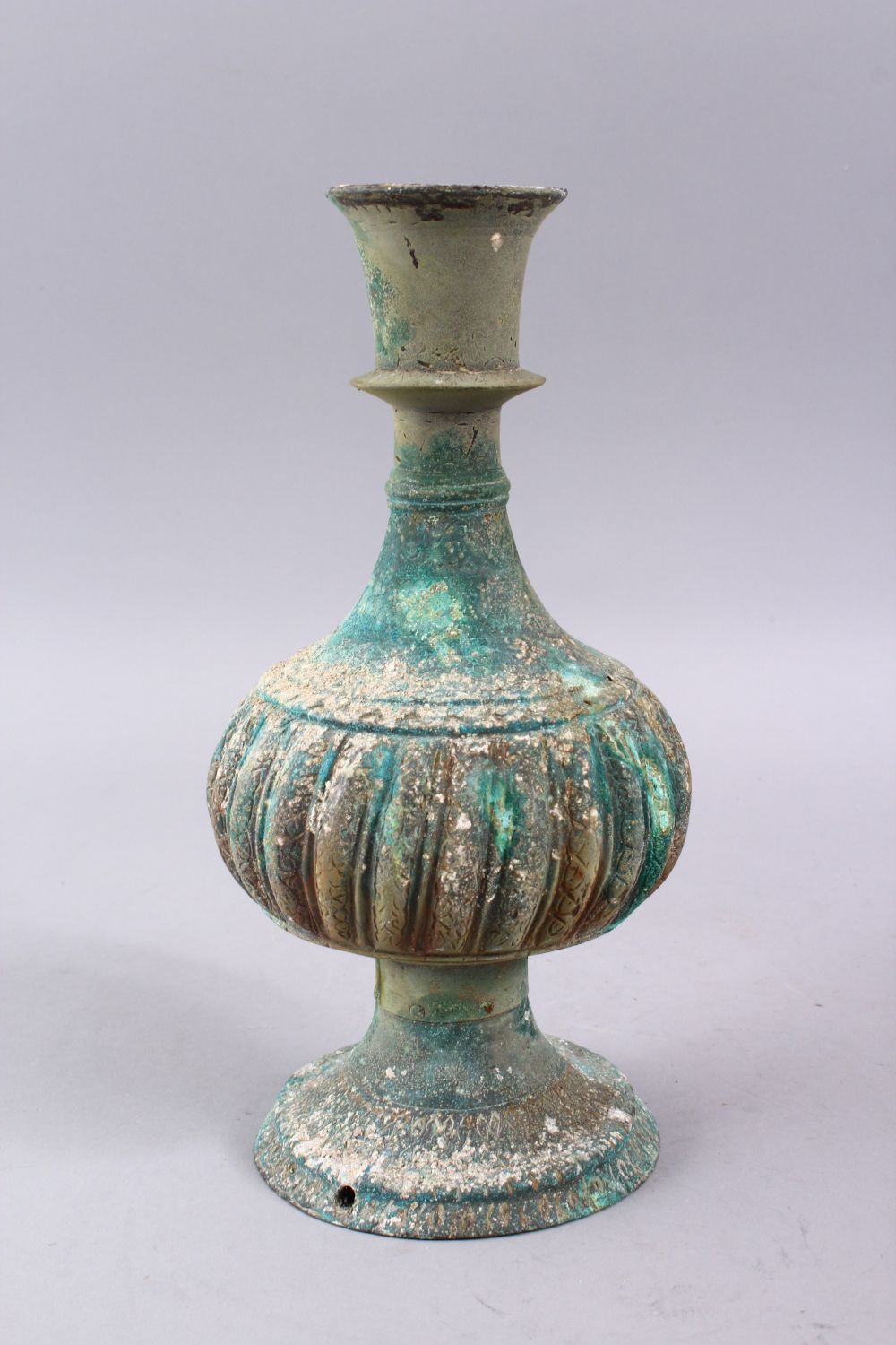 A GOOD EARLY ISLAMIC BRONZE HUQQA BASE, with facet body and verdigris27cm., - Image 2 of 3