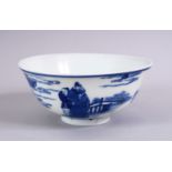 A CHINESE QING BLUE & WHITE PORCELAIN RICE BOWL, decorated with scenes of figures in landscapes ,