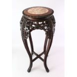 A GOOD 19TH CENTURY CHINESE HARDWOOD AND MARBLE TOP PLANT STAND, the top inset with marble, the