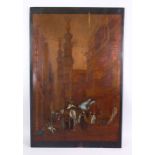 A 20TH CENTURY TURKISH COPPER AND ENAMEL PANEL, depicting native life in turkey, 88cm high x 57cm