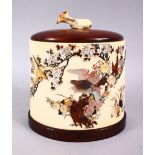 A JAPANESE MEIJI PERIOD CARVED IVORY & SHIBAYAMA TUSK VASE POT & COVER, inlaid with semi precious