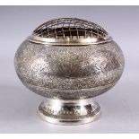 A GOOD PERSIAN / ISLAMIC SILVERED OPENWORK INCENSE BURNER & COVER, with carved decoration of birds
