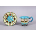 A FINE 19TH CENTURY OTTOMAN OR OTTOMAN MARKET ENAMELLED CUP AND SAUCER, with finely painted panels