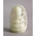 A GOOD CHINESE CARVED WHITE JADE FIGURE OF BUDDHA / DEITY, seated holding a cup, 8cm
