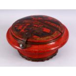 A CHINESE RED LACQUER DECORATED WOODEN LIDDED BOX, decorated with native village scenes, top half